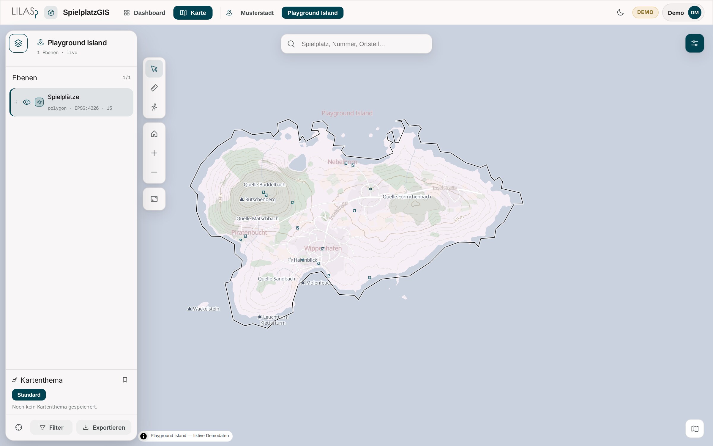 SpielplatzGIS-Live-Demo: Karte der fiktiven Kommune Playground Island